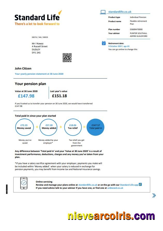 United Kingdom Standard Life proof of address pension statement in Word and PDF (.doc and .pdf) format